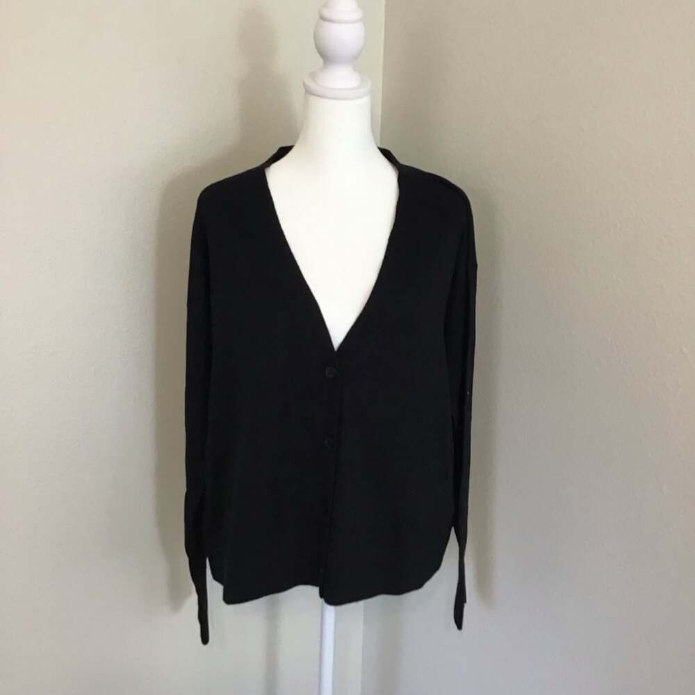 Quince Organic Cotton Cashmere V-Neck Cardigan Sweater Large Black